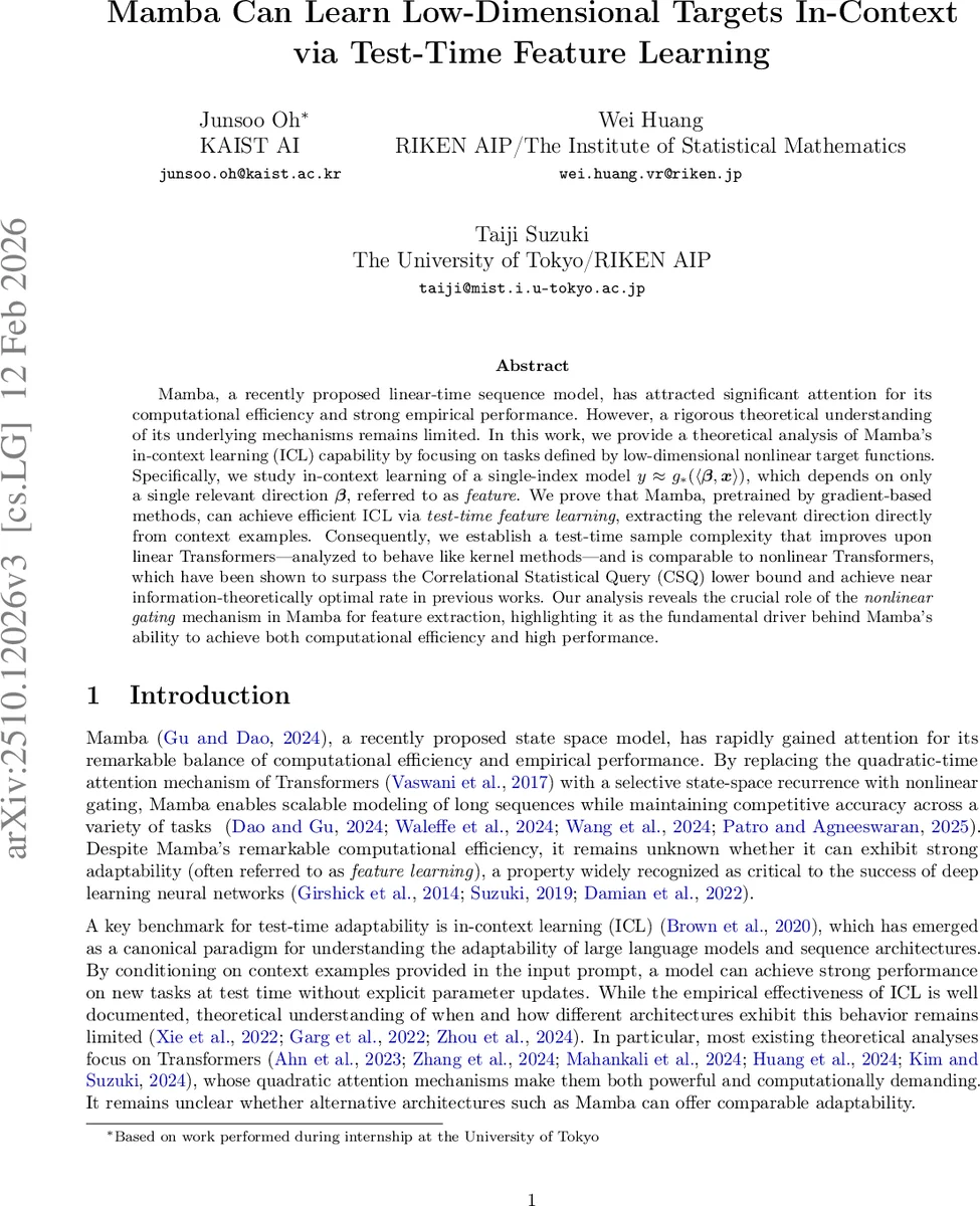 Mamba Can Learn Low-Dimensional Targets In-Context via Test-Time Feature Learning