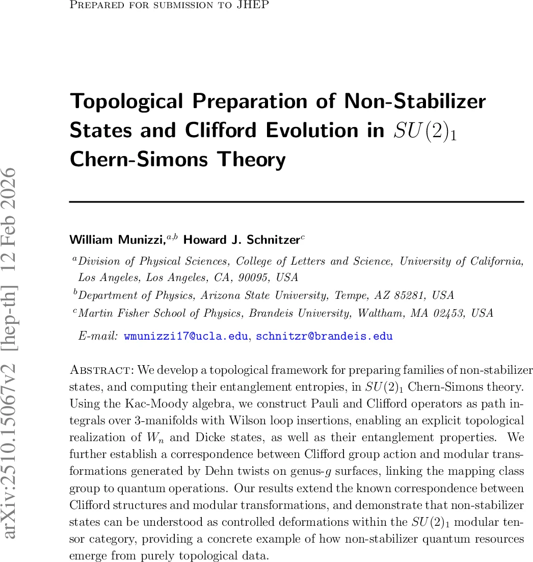 Topological Preparation of Non-Stabilizer States and Clifford Evolution in $SU(2)_1$ Chern-Simons Theory