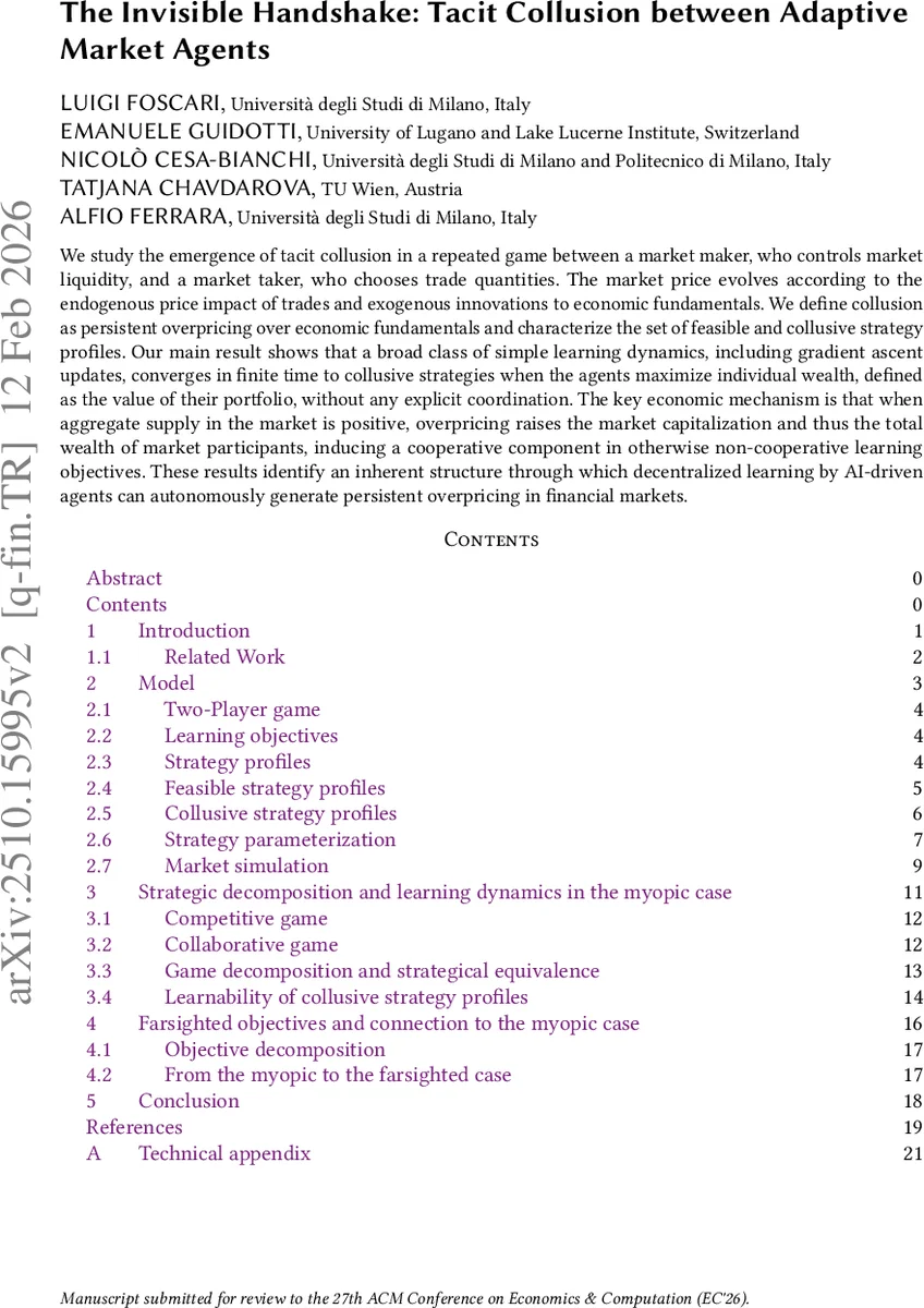 The Invisible Handshake: Tacit Collusion between Adaptive Market Agents