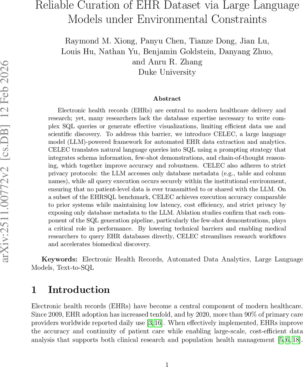 Reliable Curation of EHR Dataset via Large Language Models under Environmental Constraints