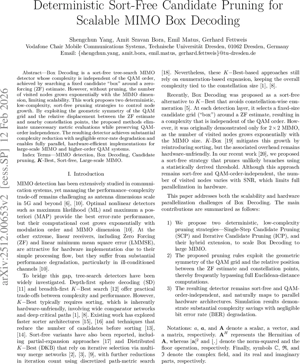 Deterministic Sort-Free Candidate Pruning for Scalable MIMO Box Decoding