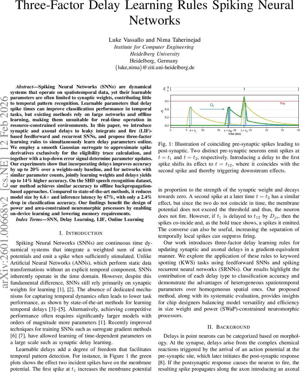 Three factor delay learning rules for spiking neural networks