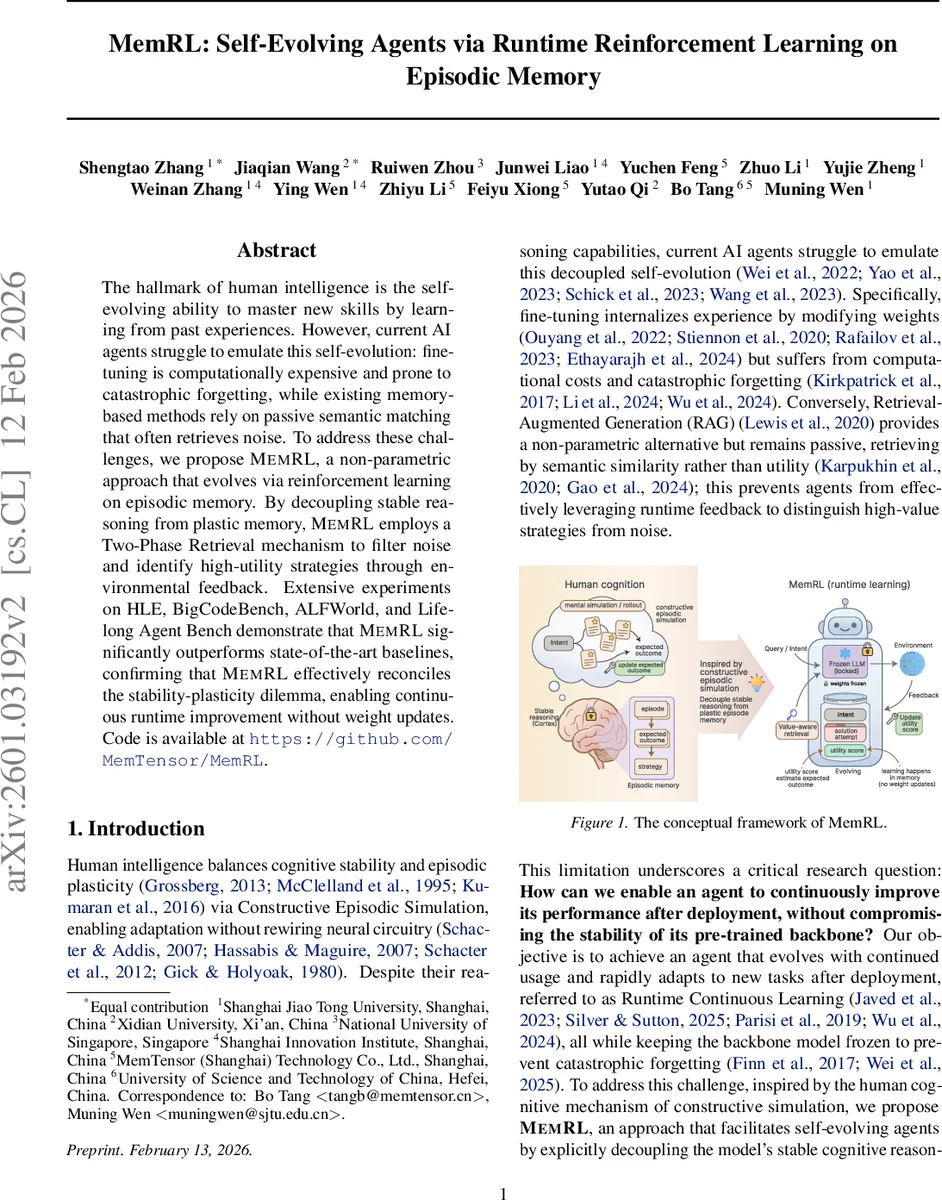 MemRL: Self-Evolving Agents via Runtime Reinforcement Learning on Episodic Memory