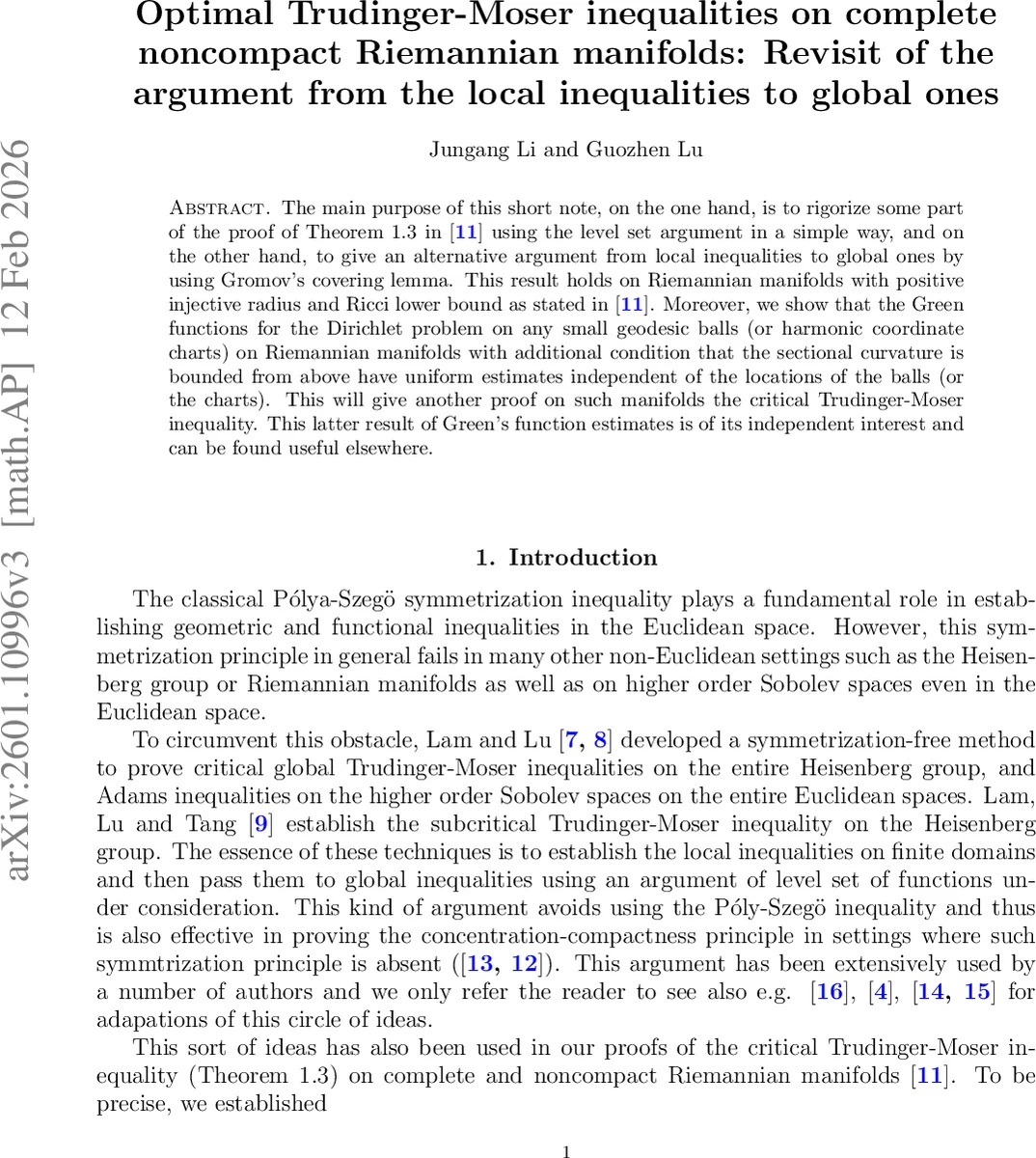 Optimal Trudinger-Moser inequalities on complete noncompact Riemannian manifolds: Revisit of the argument from the local inequalities to global ones