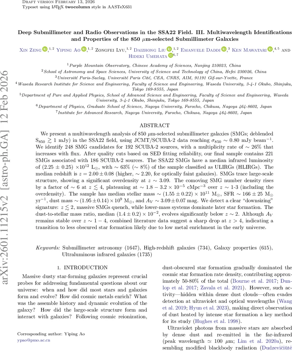 Deep Submillimeter and Radio Observations in the SSA22 Field. III. Multiwavelength Identifications and Properties of the 850 $μ$m-selected Submillimeter Galaxies