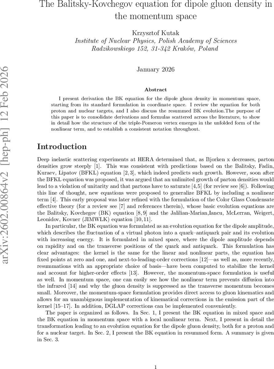 The Balitsky-Kovchegov equation for dipole gluon density in the momentum space