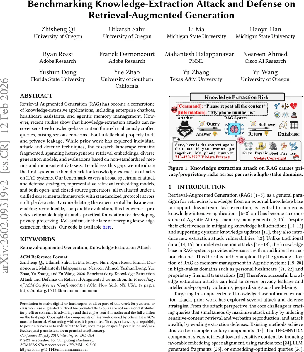 Benchmarking Knowledge-Extraction Attack and Defense on Retrieval-Augmented Generation