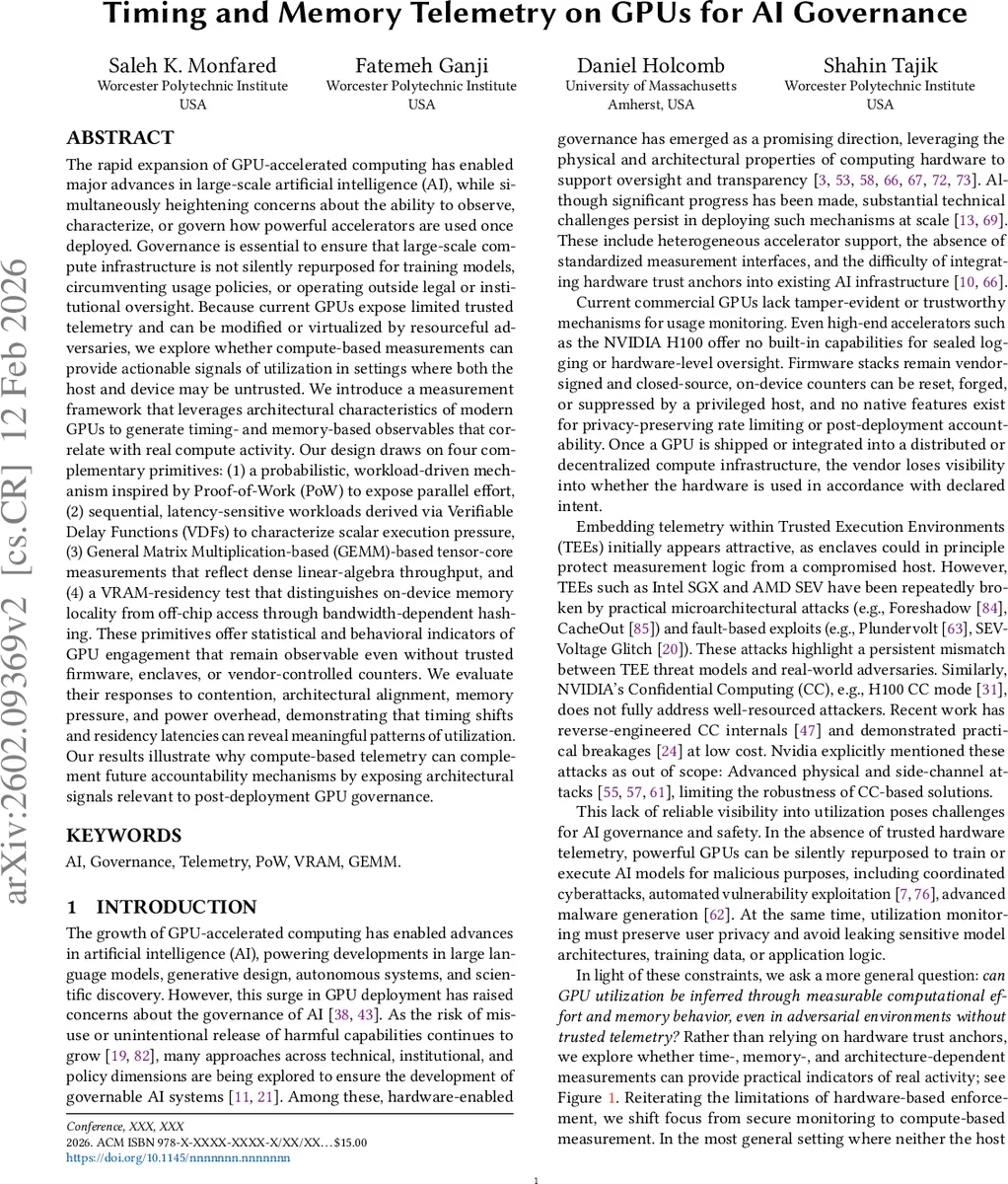 Timing and Memory Telemetry on GPUs for AI Governance