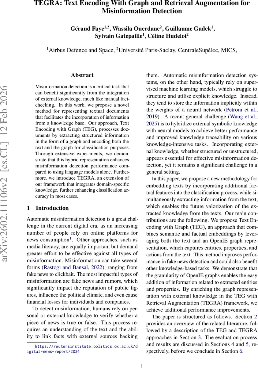 TEGRA: Text Encoding With Graph and Retrieval Augmentation for Misinformation Detection