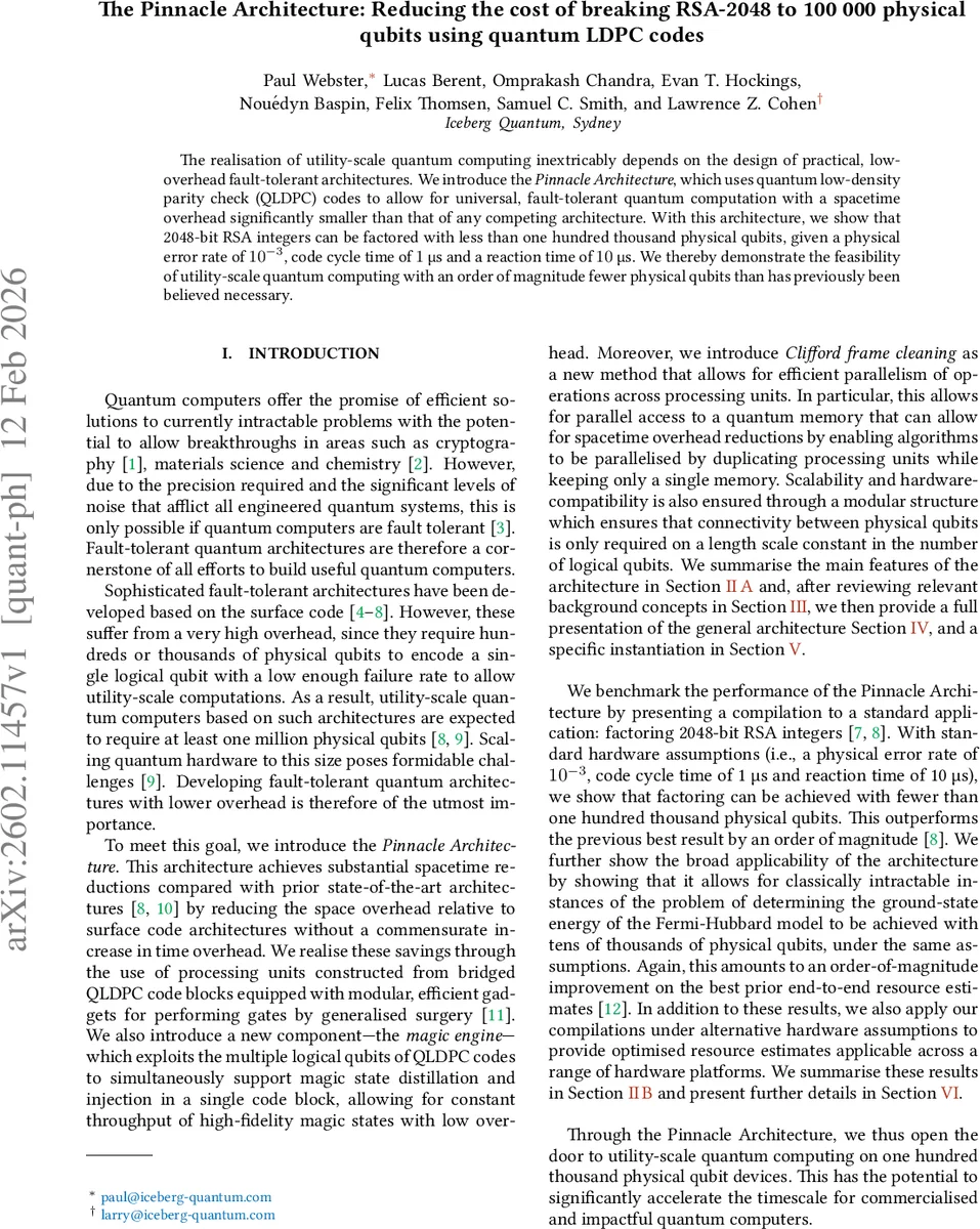 The Pinnacle Architecture: Reducing the cost of breaking RSA-2048 to 100 000 physical qubits using quantum LDPC codes