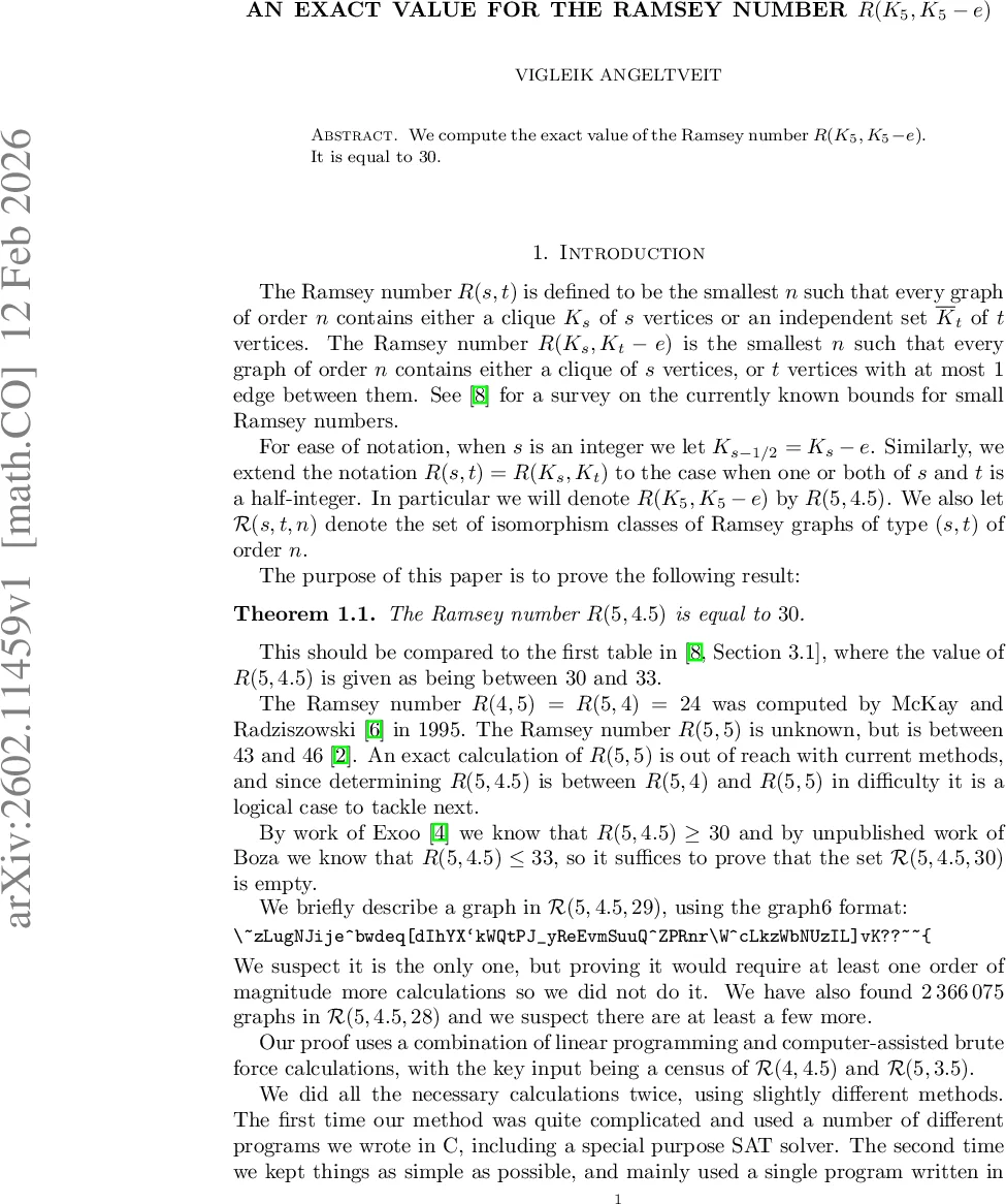An exact value for the Ramsey number $R(K_5, K_{5-e})$