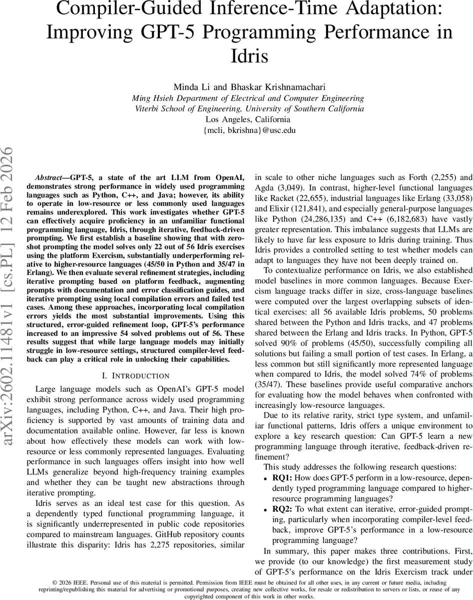 Compiler-Guided Inference-Time Adaptation: Improving GPT-5 Programming Performance in Idris