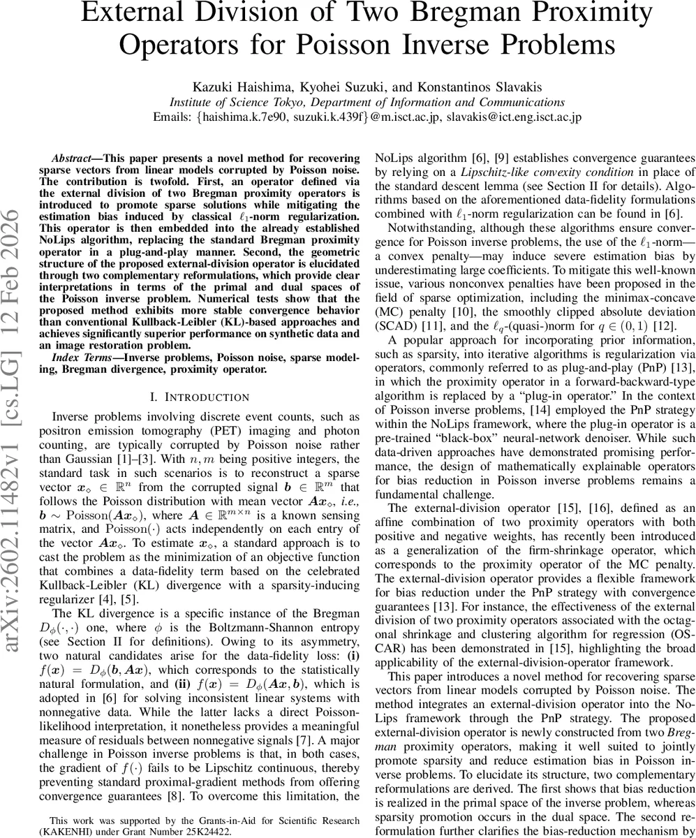 External Division of Two Bregman Proximity Operators for Poisson Inverse Problems
