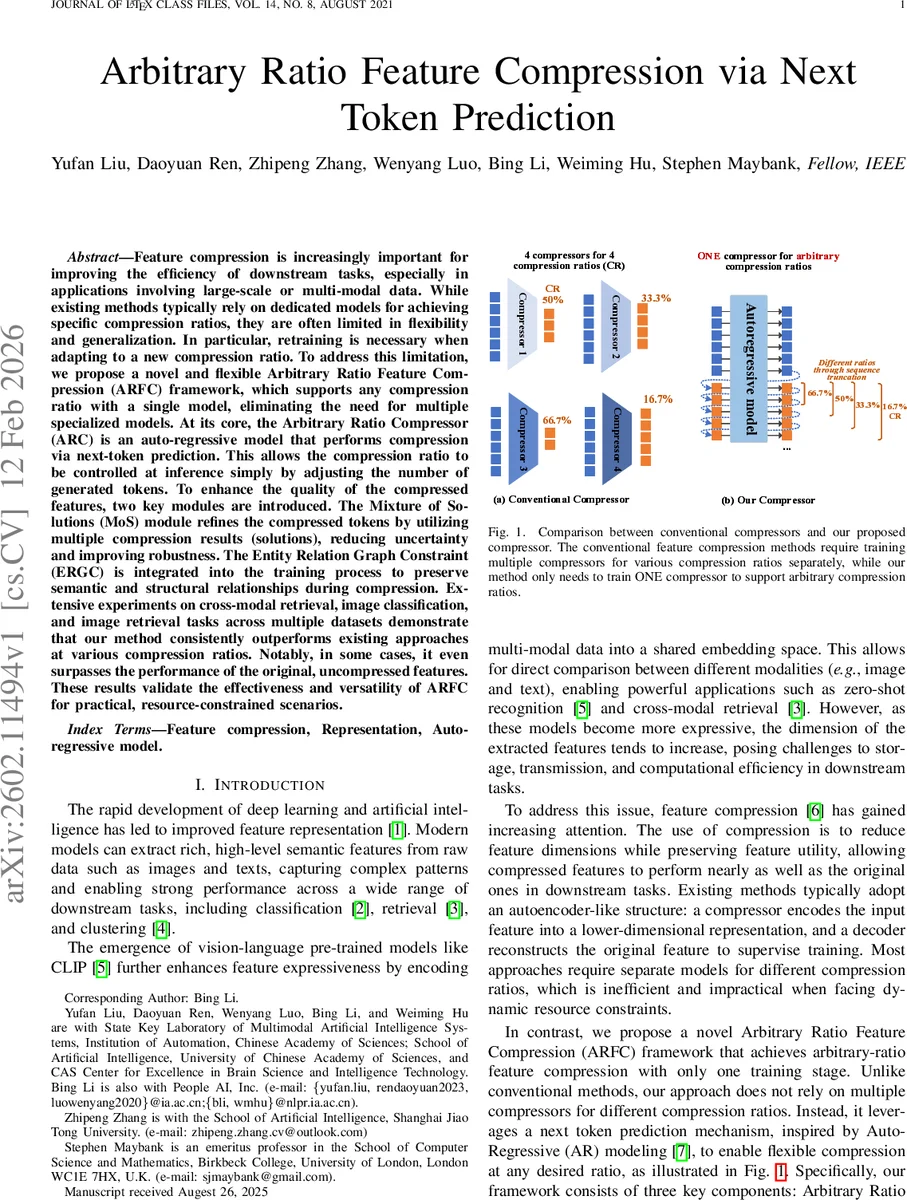 Arbitrary Ratio Feature Compression via Next Token Prediction