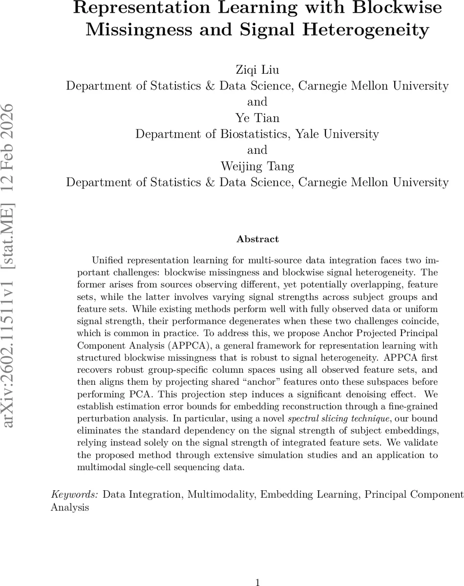 Representation Learning with Blockwise Missingness and Signal Heterogeneity
