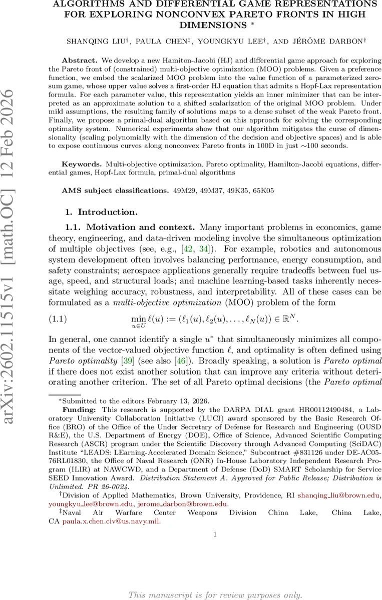 Algorithms and Differential Game Representations for Exploring Nonconvex Pareto Fronts in High Dimensions