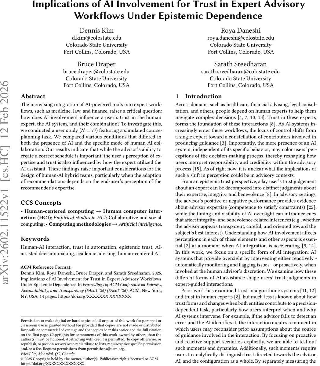 Implications of AI Involvement for Trust in Expert Advisory Workflows Under Epistemic Dependence