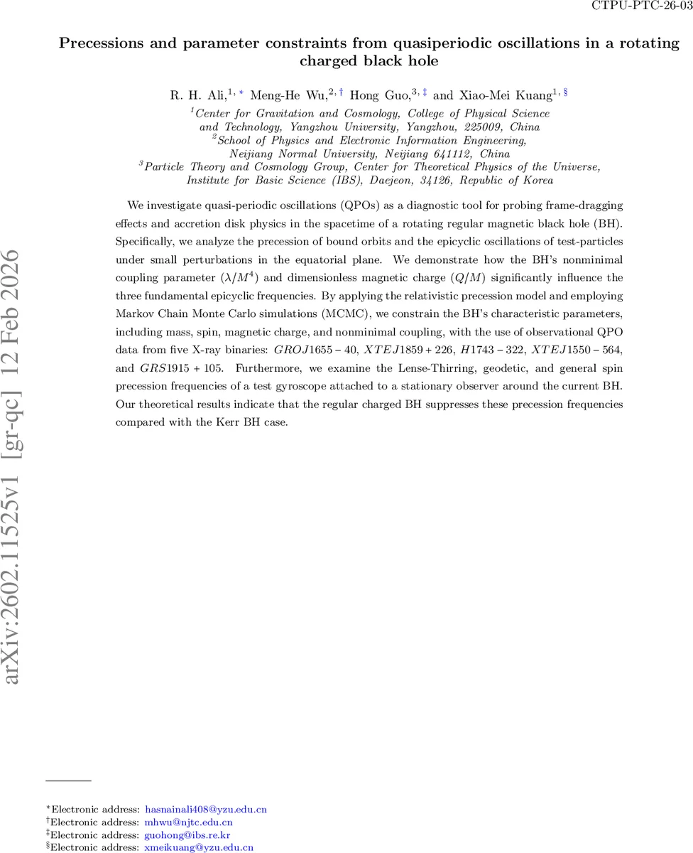 Precessions and parameter constraints from quasiperiodic oscillations in a rotating charged black hole