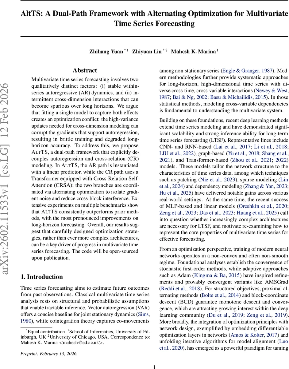 AltTS: A Dual-Path Framework with Alternating Optimization for Multivariate Time Series Forecasting