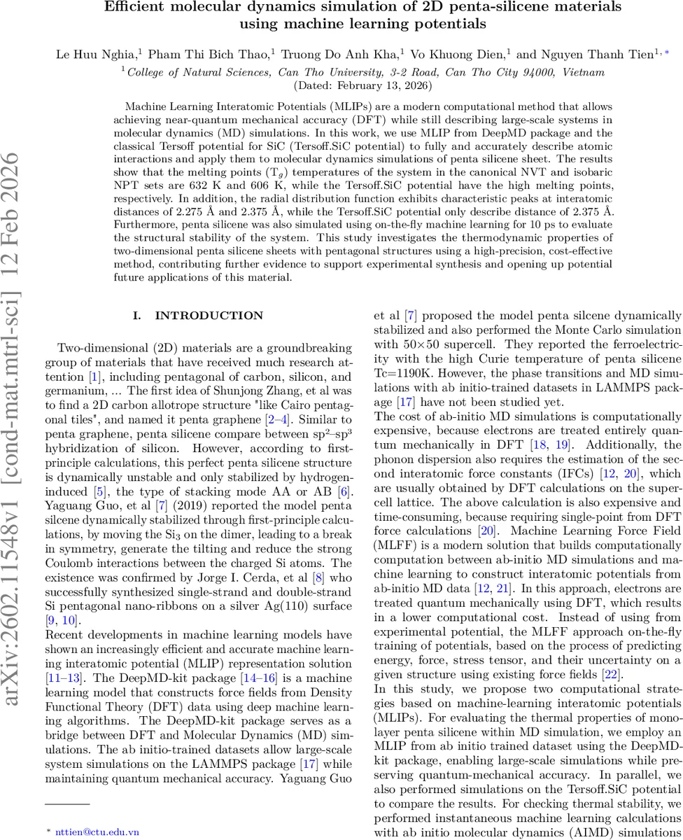 Efficient molecular dynamics simulation of 2D penta-silicene materials using machine learning potentials