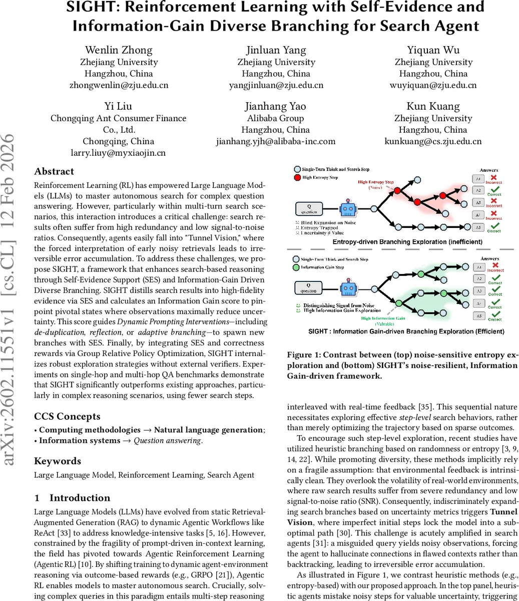 SIGHT: Reinforcement Learning with Self-Evidence and Information-Gain Diverse Branching for Search Agent