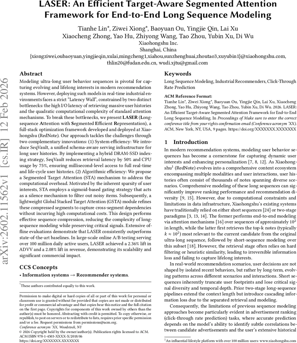 LASER: An Efficient Target-Aware Segmented Attention Framework for End-to-End Long Sequence Modeling