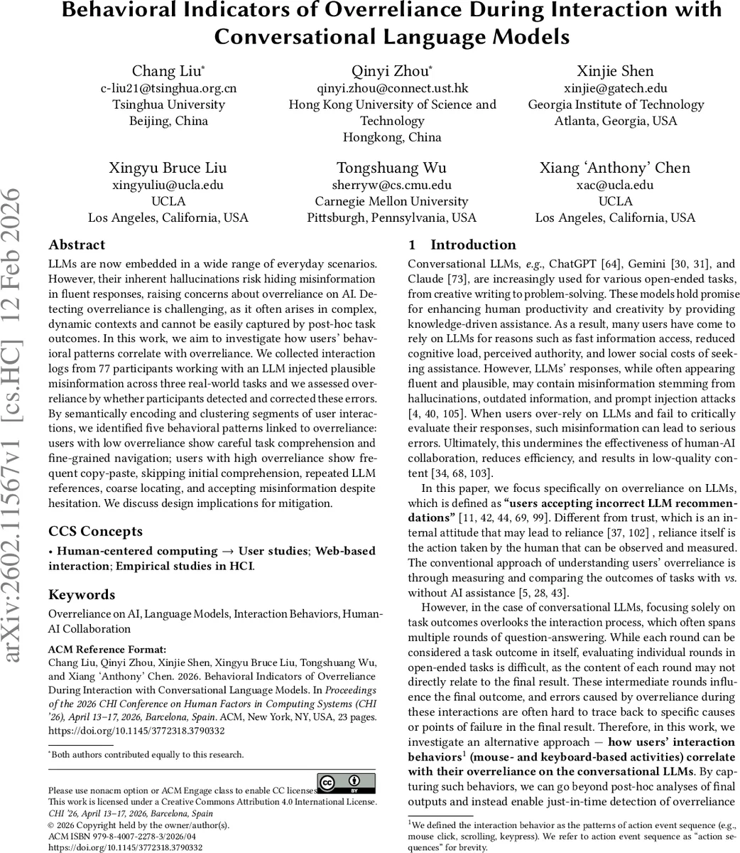 Behavioral Indicators of Overreliance During Interaction with Conversational Language Models