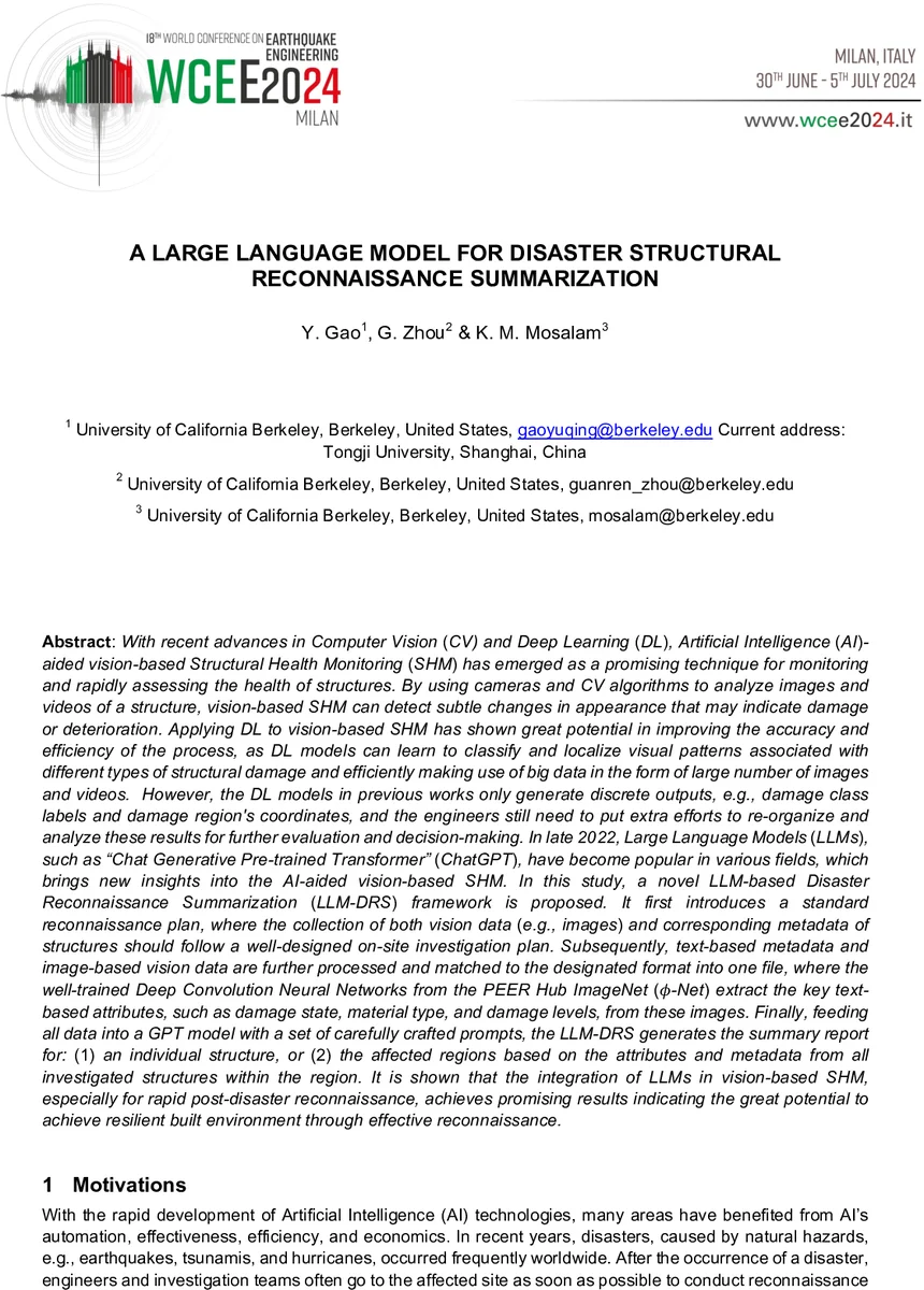 A Large Language Model for Disaster Structural Reconnaissance Summarization