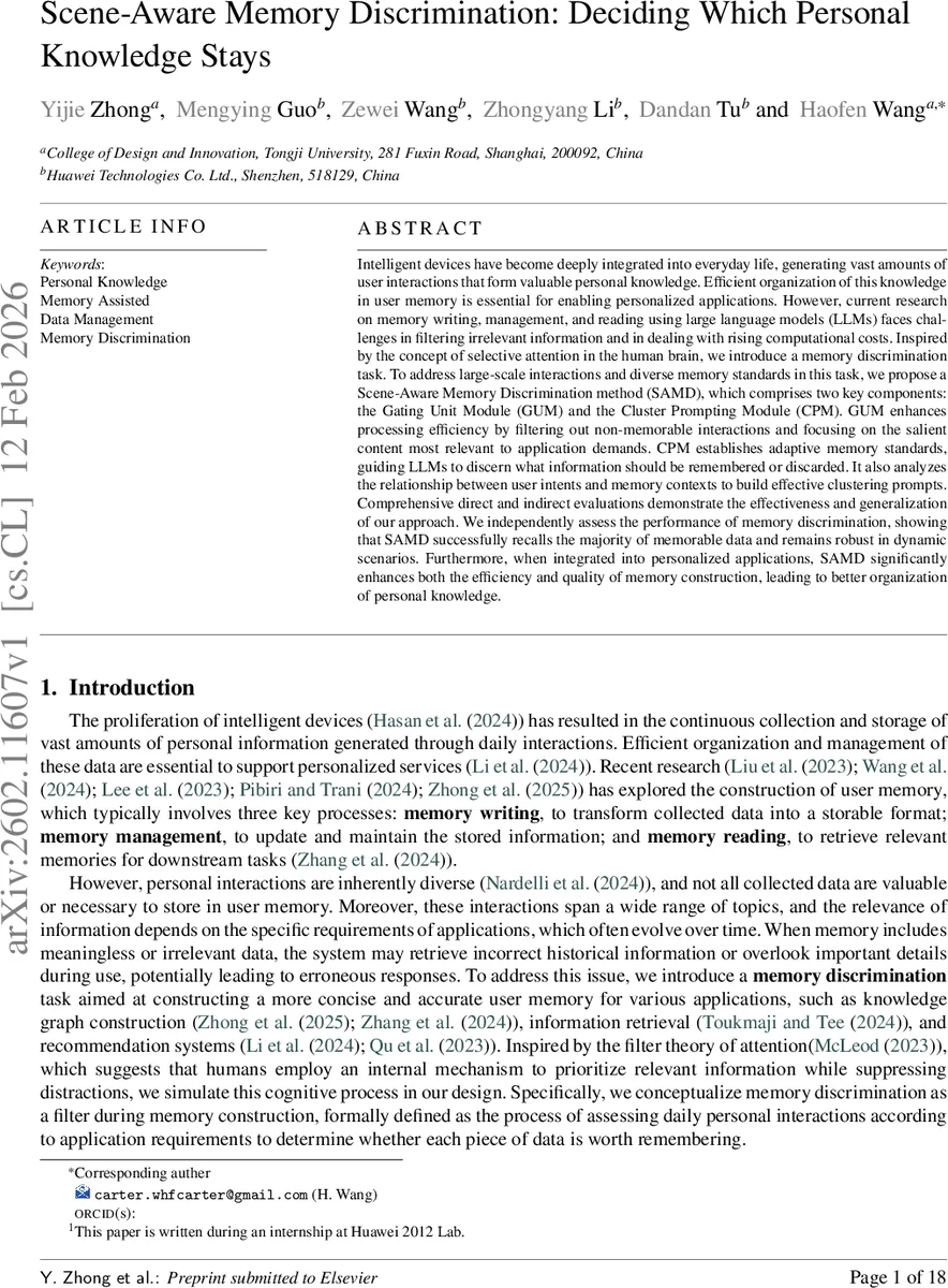 Scene-Aware Memory Discrimination: Deciding Which Personal Knowledge Stays