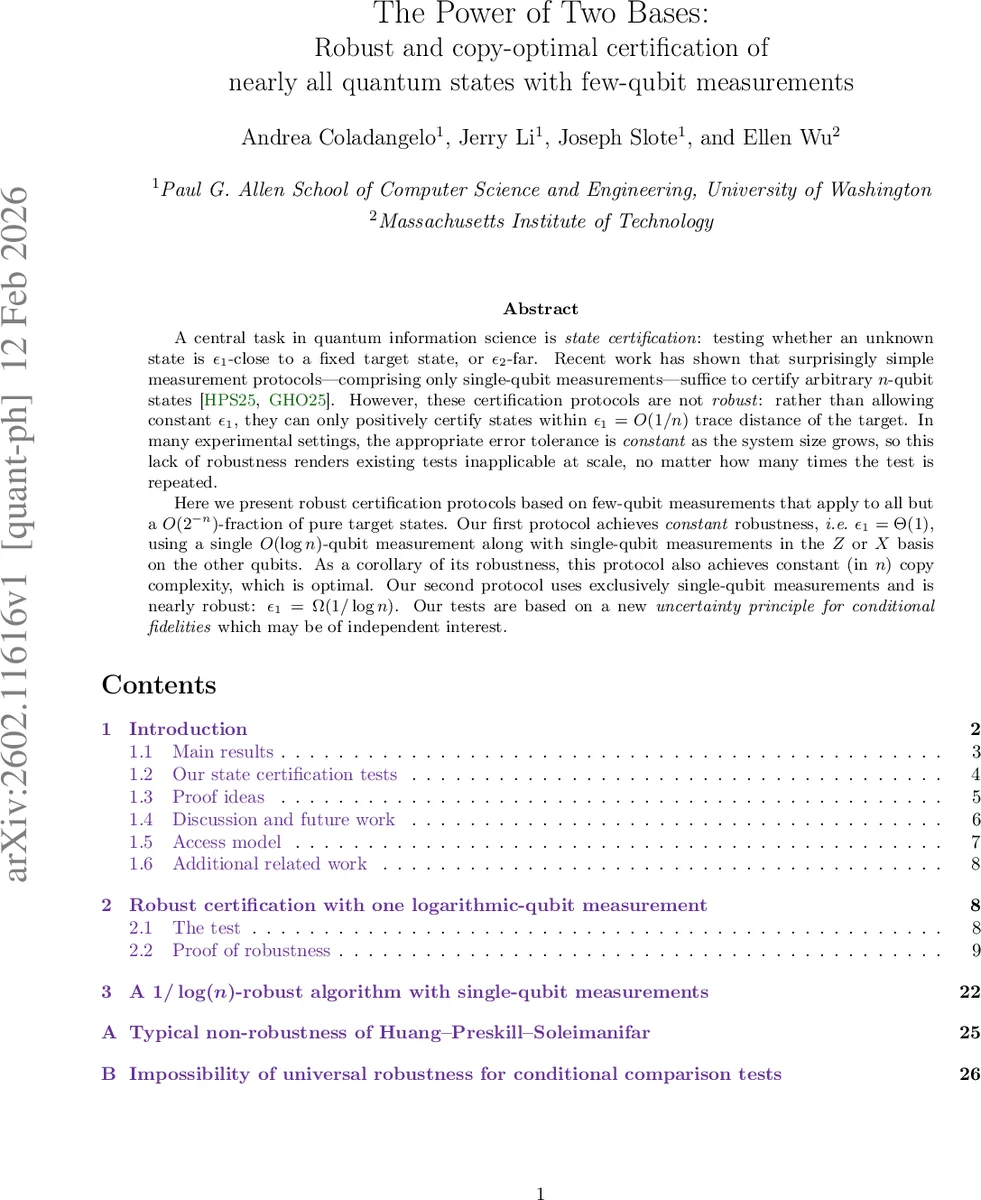 The Power of Two Bases: Robust and copy-optimal certification of nearly all quantum states with few-qubit measurements