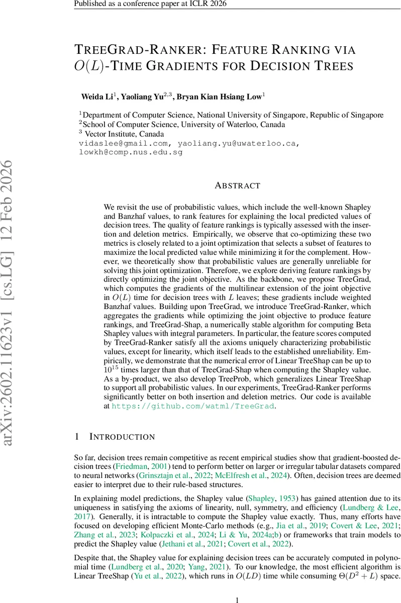 TreeGrad-Ranker: Feature Ranking via $O(L)$-Time Gradients for Decision Trees