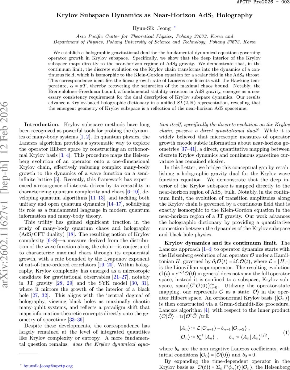 Krylov Subspace Dynamics as Near-Horizon AdS$_2$ Holography