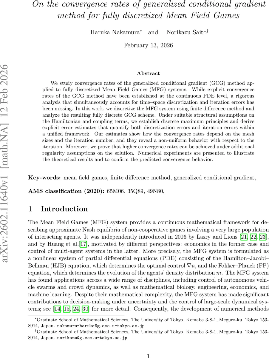 On the convergence rates of generalized conditional gradient method for fully discretized Mean Field Games