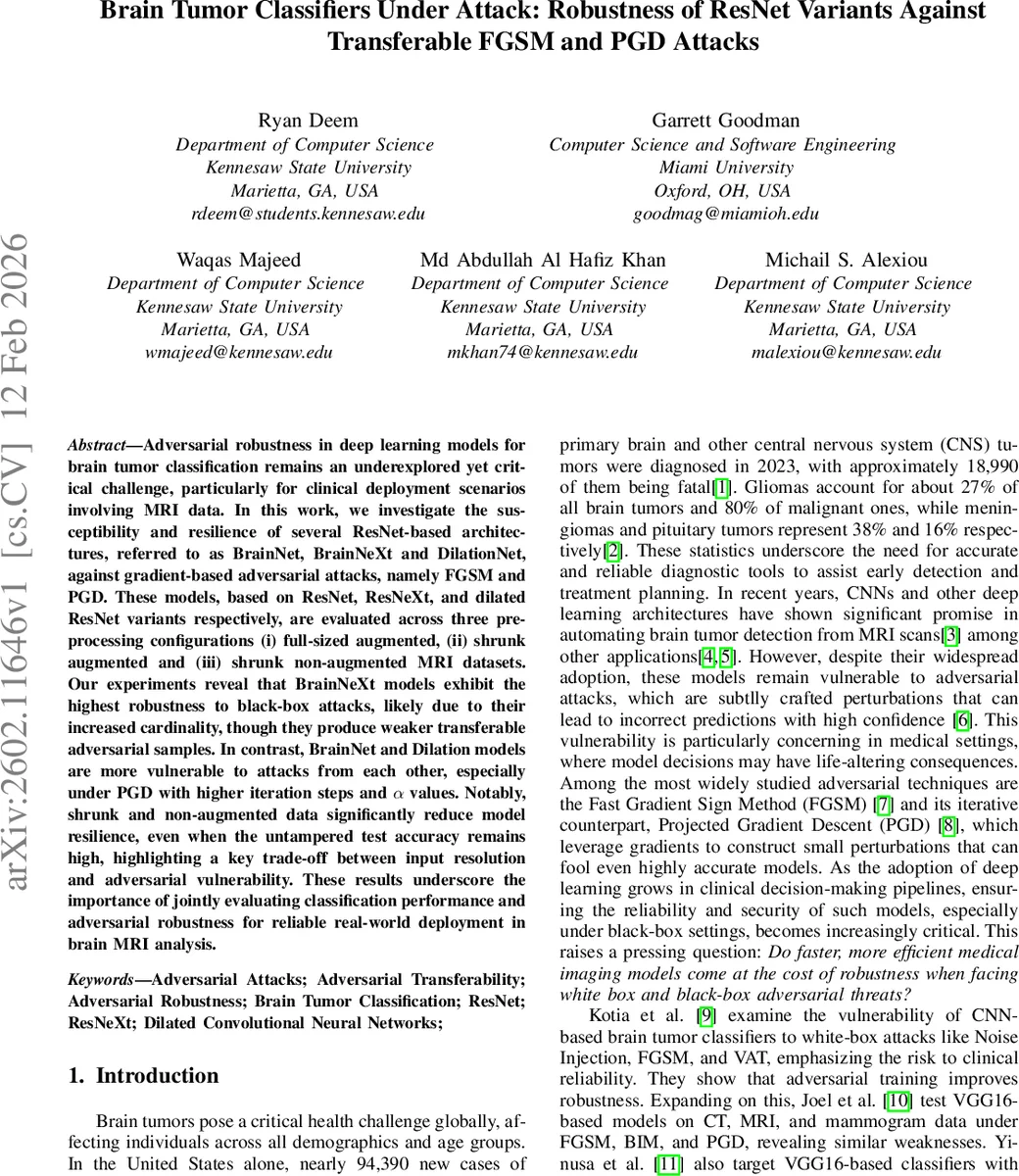 Brain Tumor Classifiers Under Attack: Robustness of ResNet Variants Against Transferable FGSM and PGD Attacks
