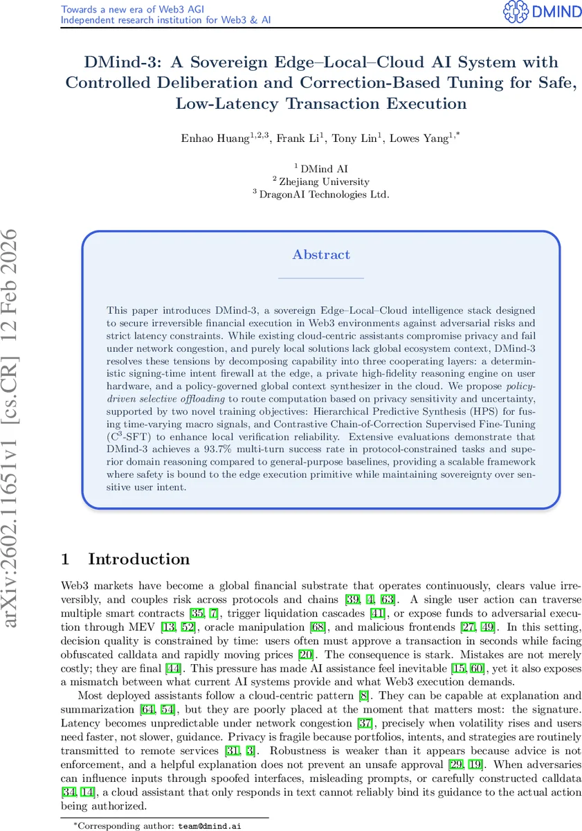 DMind-3: A Sovereign Edge--Local--Cloud AI System with Controlled Deliberation and Correction-Based Tuning for Safe, Low-Latency Transaction Execution