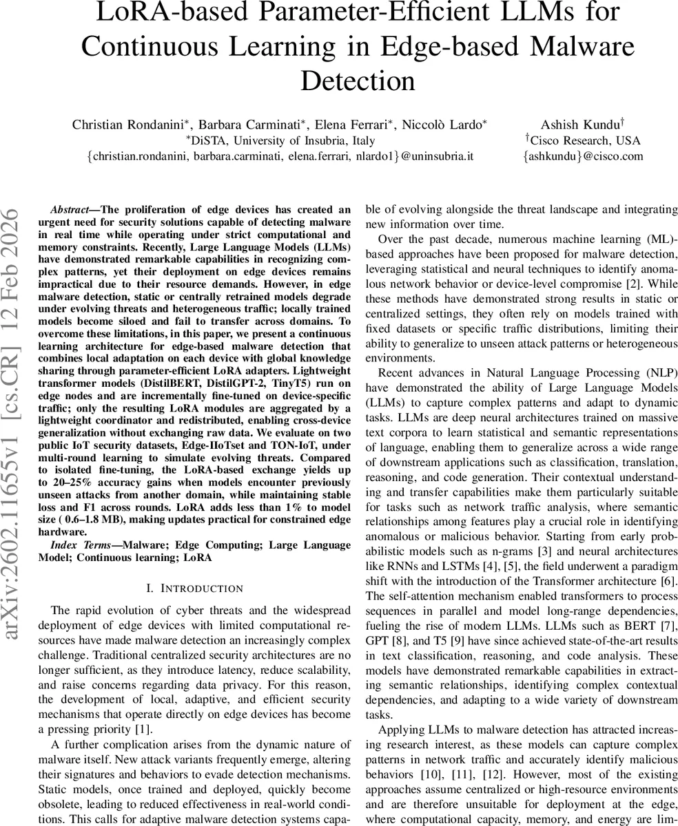 LoRA-based Parameter-Efficient LLMs for Continuous Learning in Edge-based Malware Detection