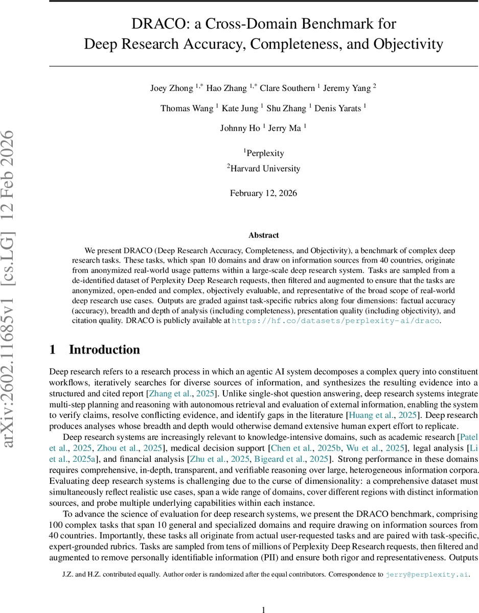DRACO: a Cross-Domain Benchmark for Deep Research Accuracy, Completeness, and Objectivity