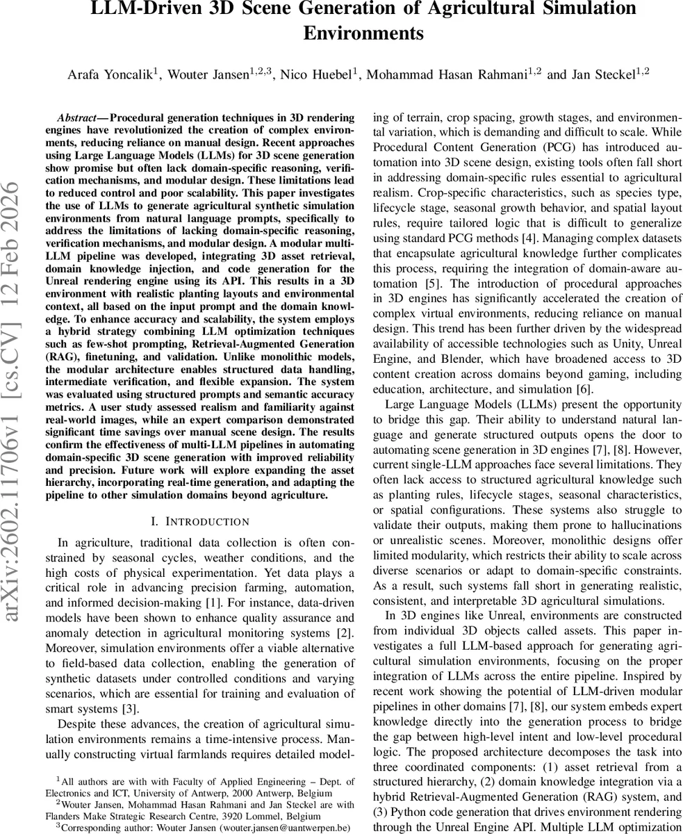 LLM-Driven 3D Scene Generation of Agricultural Simulation Environments