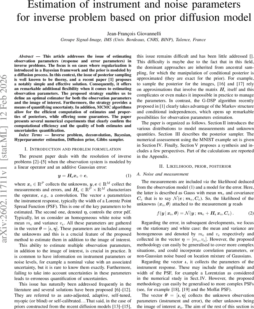 Estimation of instrument and noise parameters for inverse problem based on prior diffusion model
