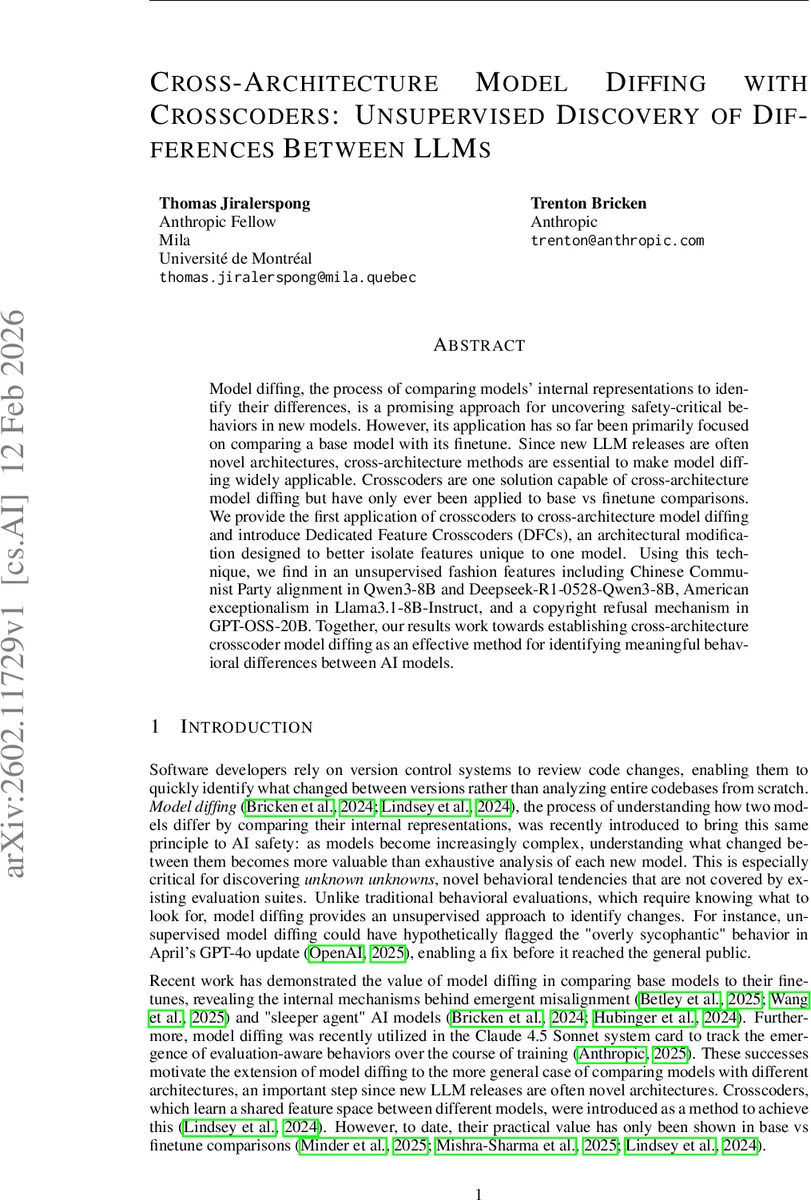 Cross-Architecture Model Diffing with Crosscoders: Unsupervised Discovery of Differences Between LLMs