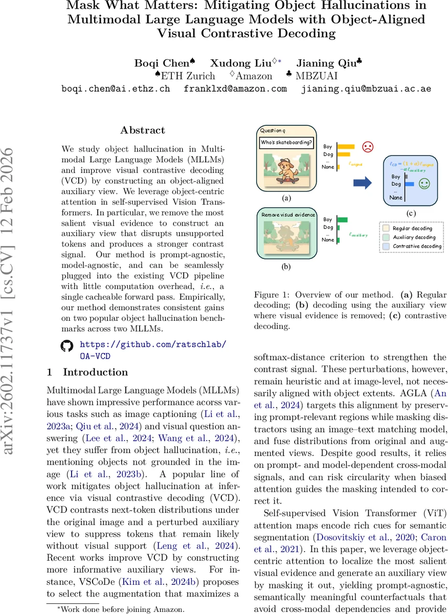 Mask What Matters: Mitigating Object Hallucinations in Multimodal Large Language Models with Object-Aligned Visual Contrastive Decoding
