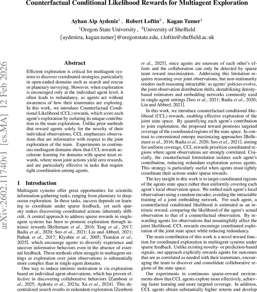 Counterfactual Conditional Likelihood Rewards for Multiagent Exploration