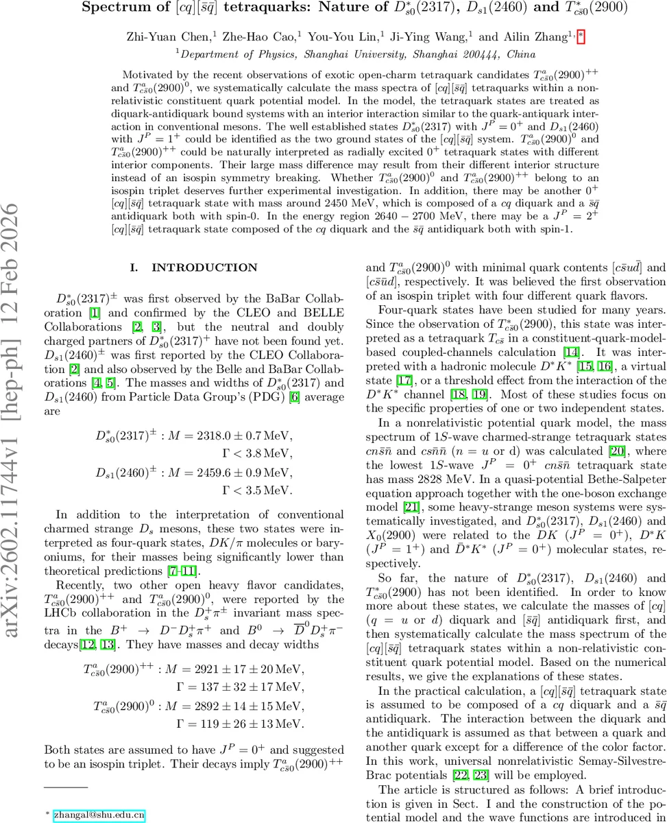 Spectrum of $[cq][ar{s}ar{q}]$ tetraquarks: Nature of $D^*_{s0}(2317)$, $D_{s1}(2460)$ and $T^*_{car s0}(2900)$