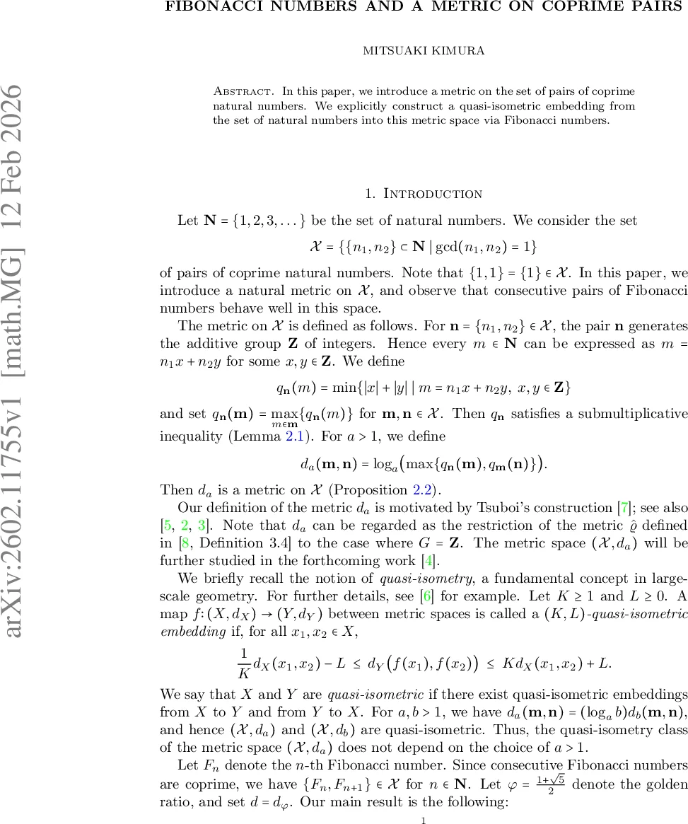Fibonacci numbers and a metric on coprime pairs