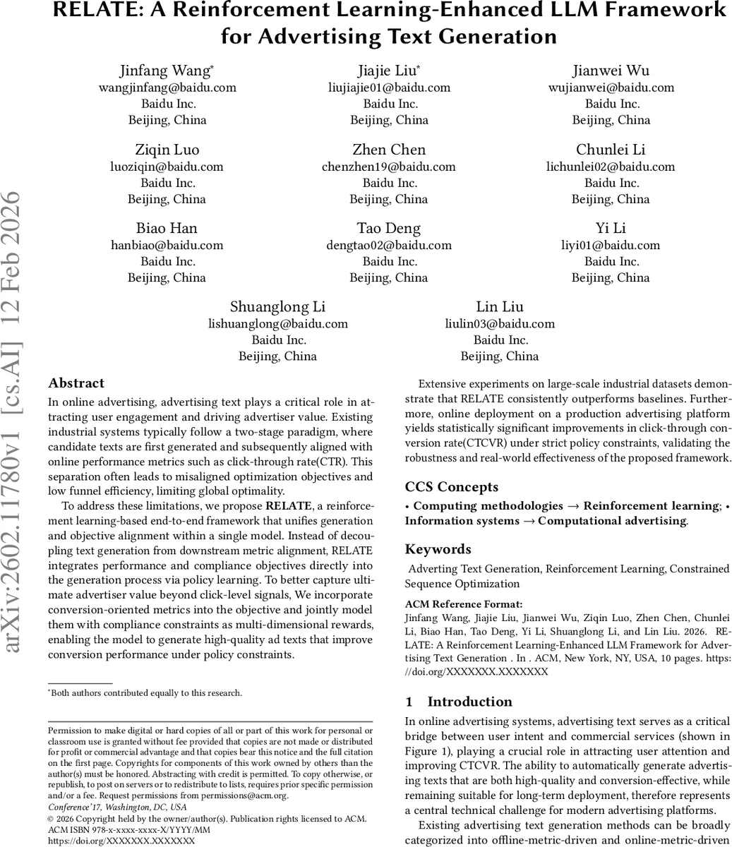 RELATE: A Reinforcement Learning-Enhanced LLM Framework for Advertising Text Generation