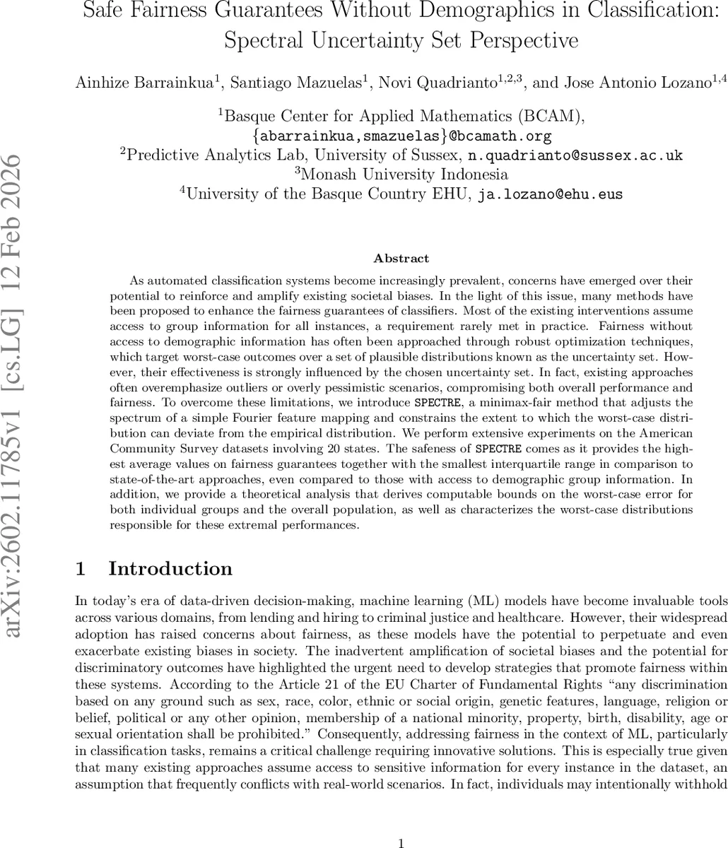 Safe Fairness Guarantees Without Demographics in Classification: Spectral Uncertainty Set Perspective