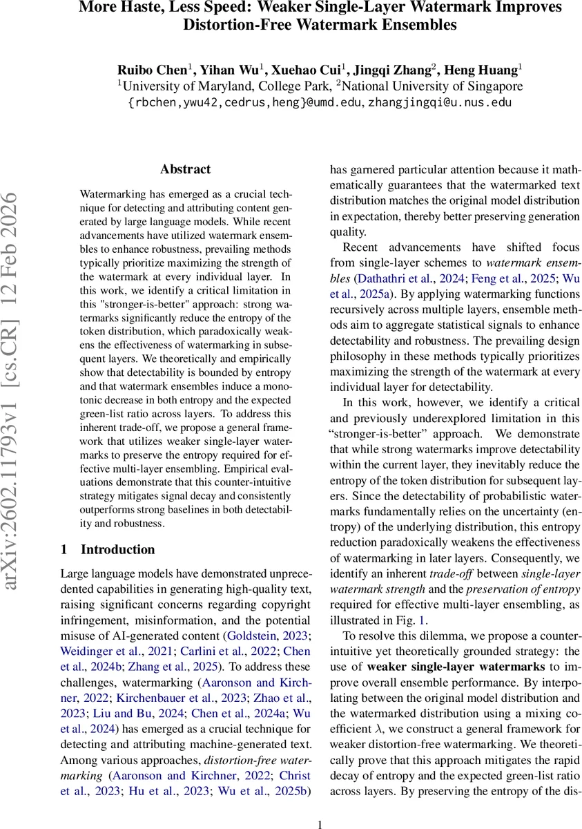 More Haste, Less Speed: Weaker Single-Layer Watermark Improves Distortion-Free Watermark Ensembles