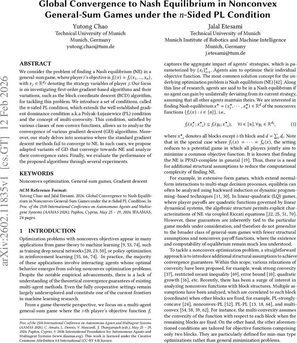 Global Convergence to Nash Equilibrium in Nonconvex General-Sum Games under the $n$-Sided PL Condition