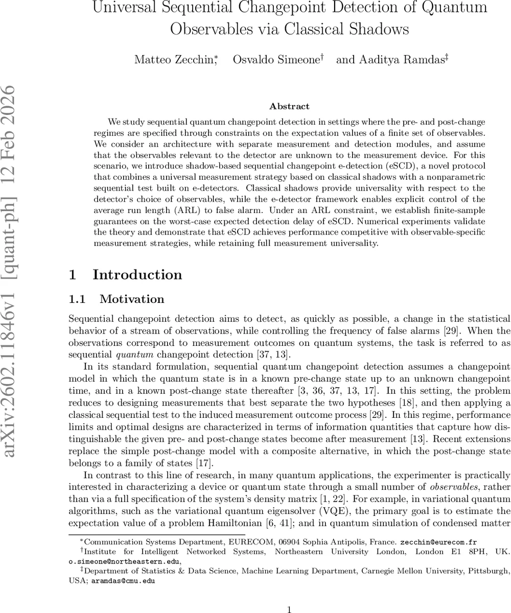 Universal Sequential Changepoint Detection of Quantum Observables via Classical Shadows