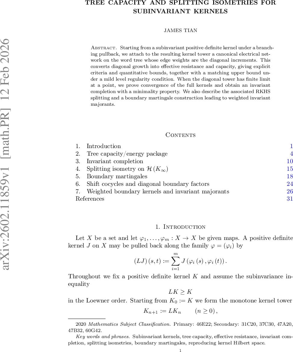 Tree Capacity and Splitting Isometries for Subinvariant Kernels